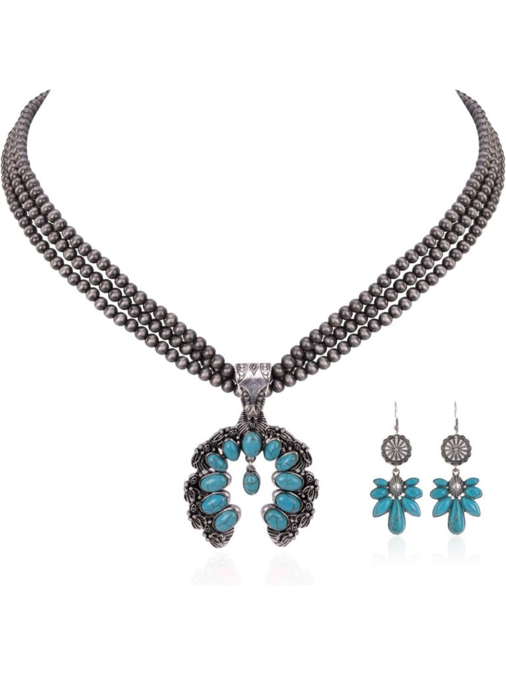 Turquoise Dangle Earring and Necklace Jewelry Set for Women - Rustic Chic Style